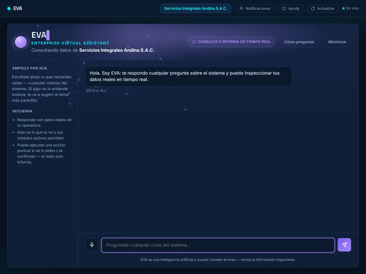 Pantalla real de E.V.A. · EOS IA en EOS