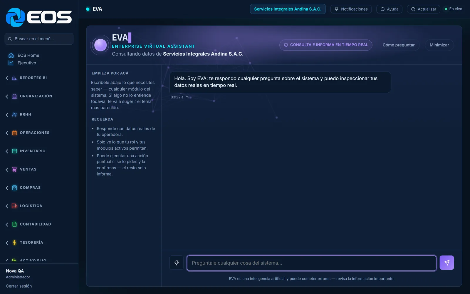 Pantalla real de E.V.A. dentro de EOS