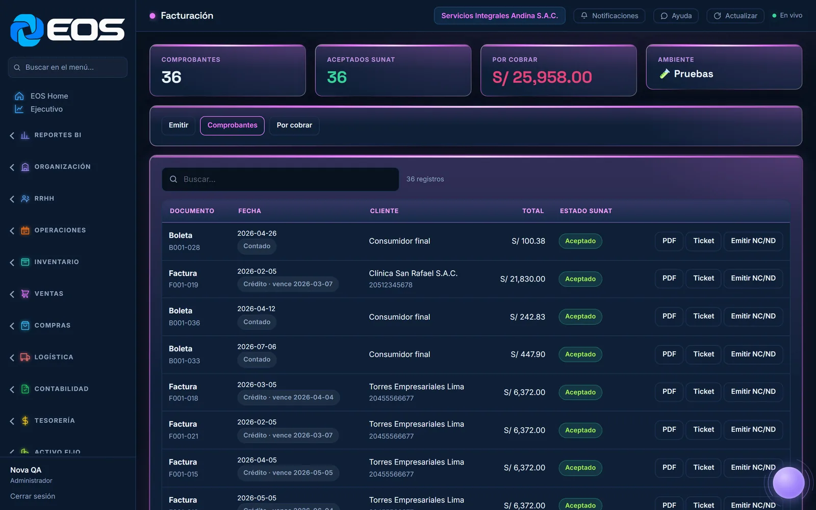 Pantalla real de facturación electrónica en EOS