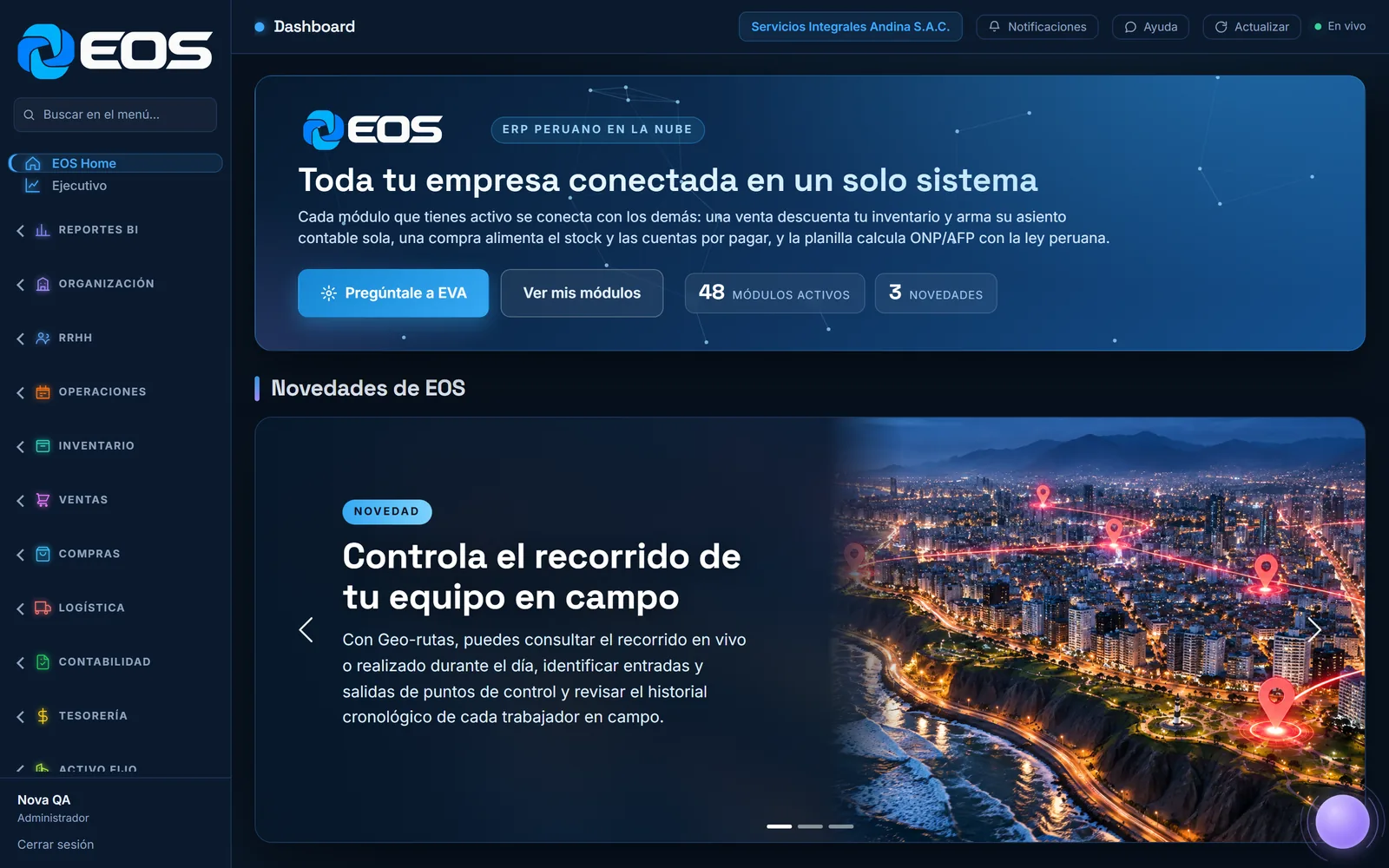 Pantalla de inicio de EOS con los módulos de la empresa
