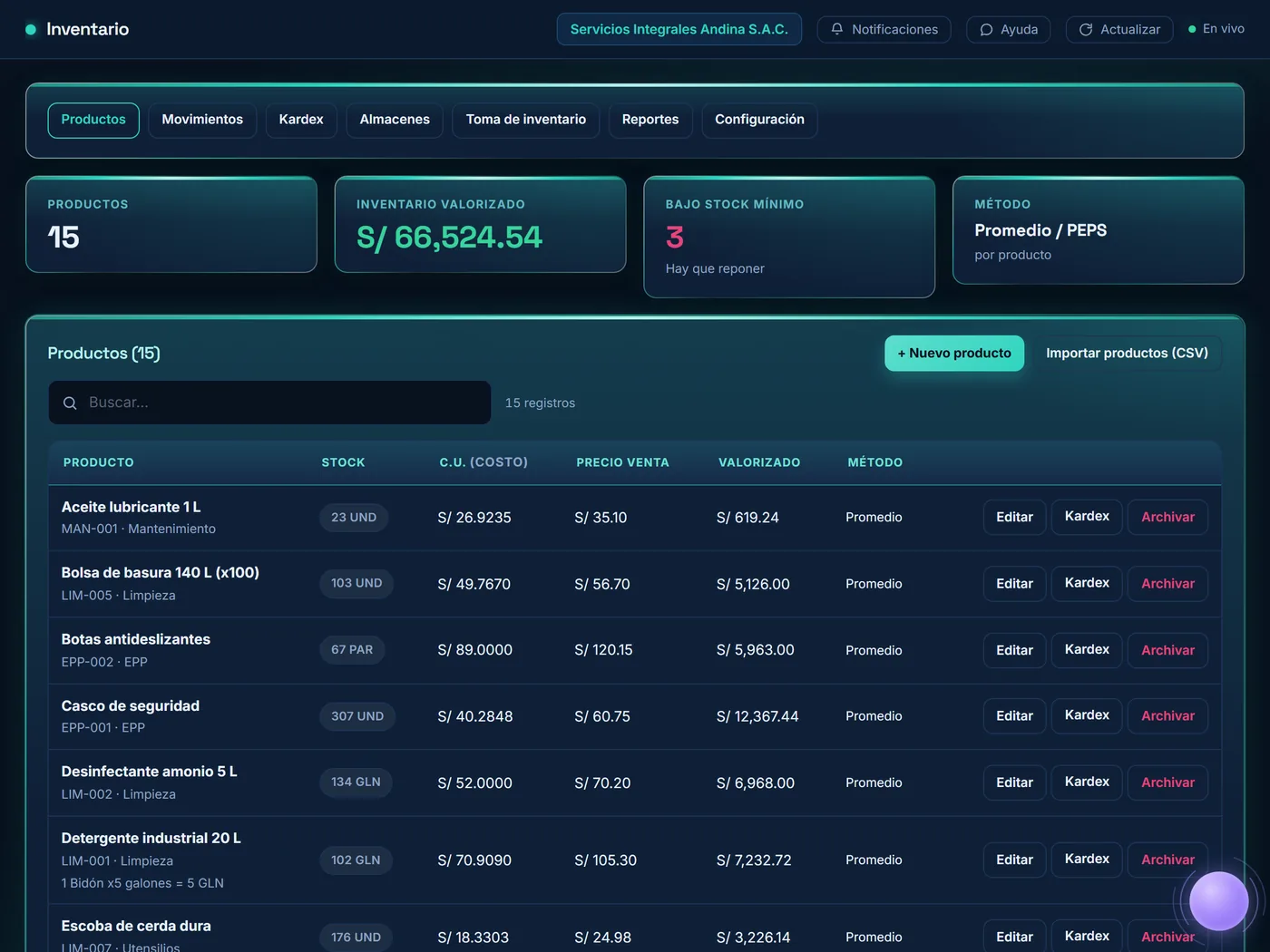Pantalla real de Inventario en EOS