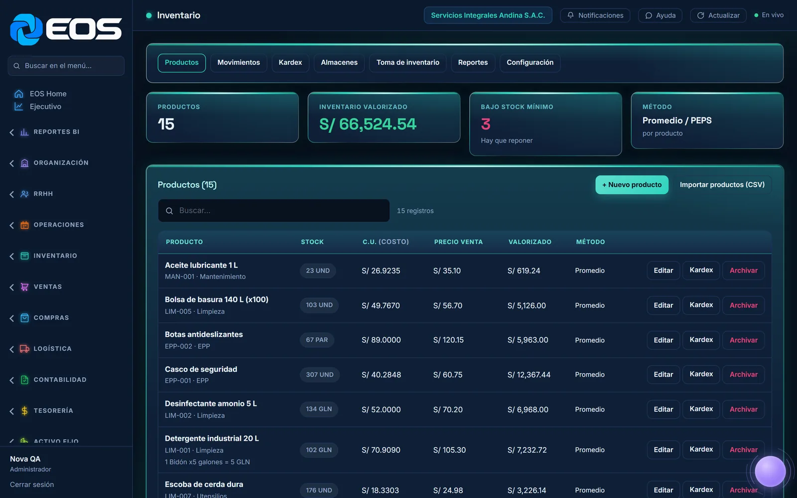 Pantalla real de Inventario en EOS